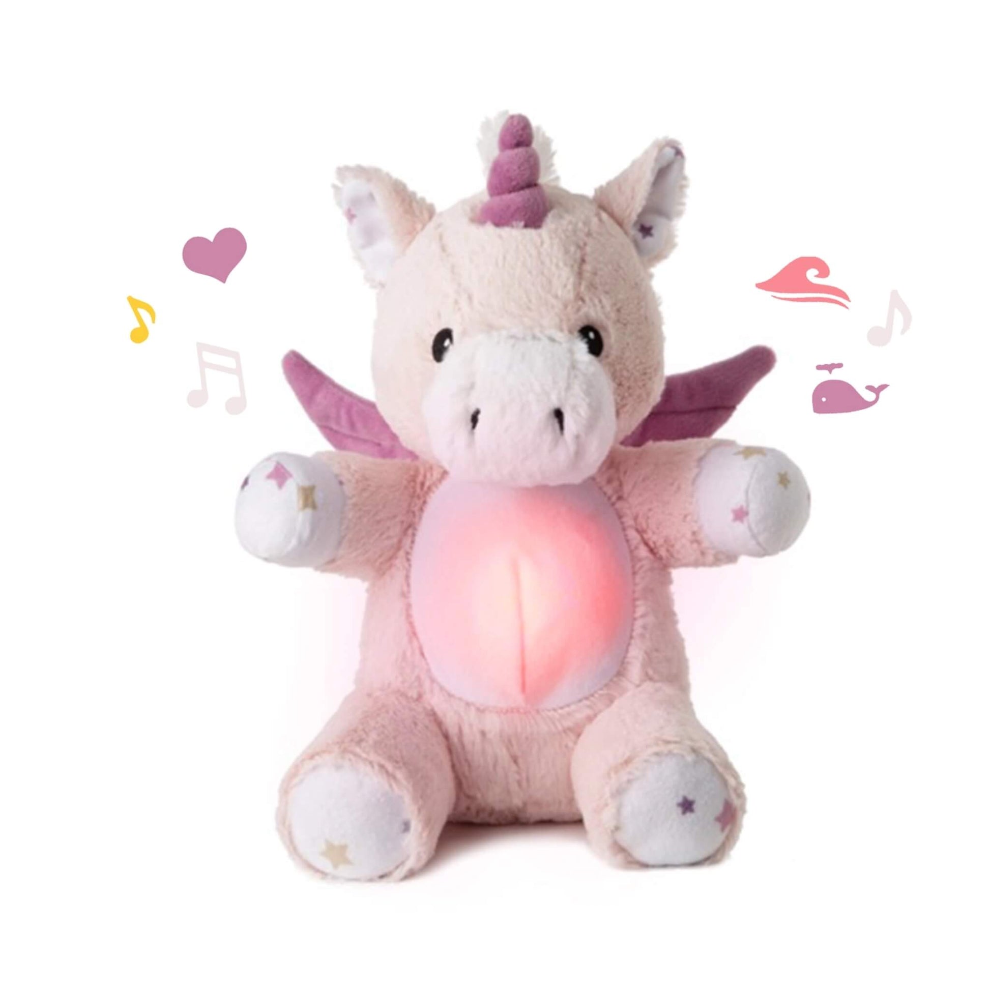 Cloud b LoveLight Buddies Lily the Unicorn plush toy with glowing light-up tummy, designed to soothe babies with gentle sounds and calming glow.