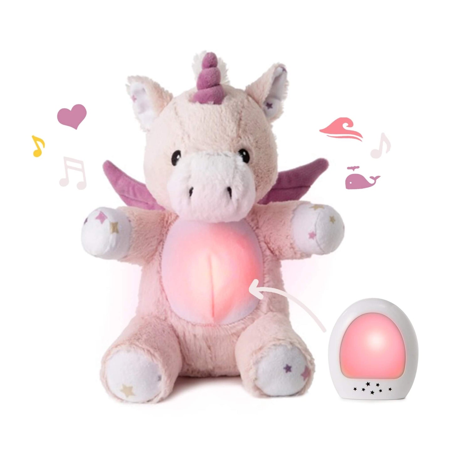 Plush unicorn toy with a glowing tummy shown beside its removable night-light unit, surrounded by musical and heart icons.