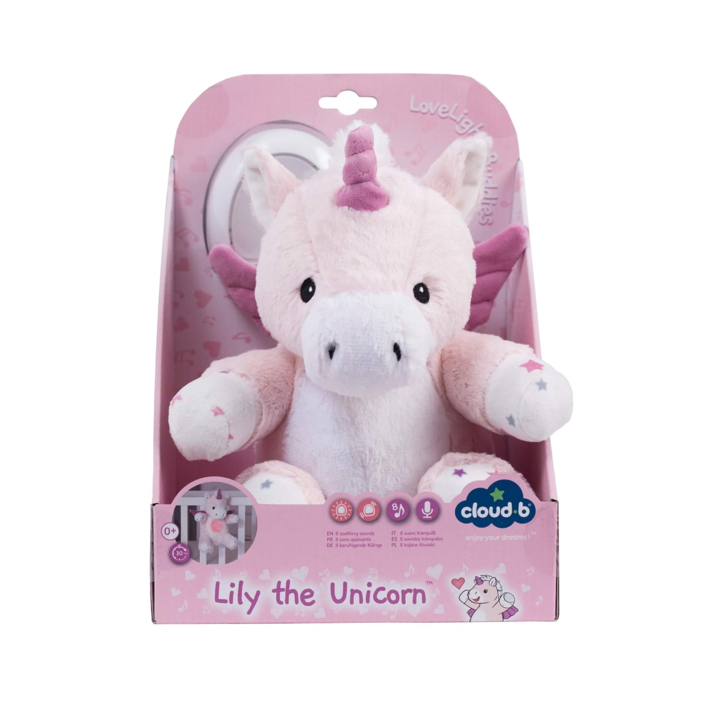 Unicorn plush toy displayed in retail packaging with pink background, labelled “Lily the Unicorn” and Cloud b branding.