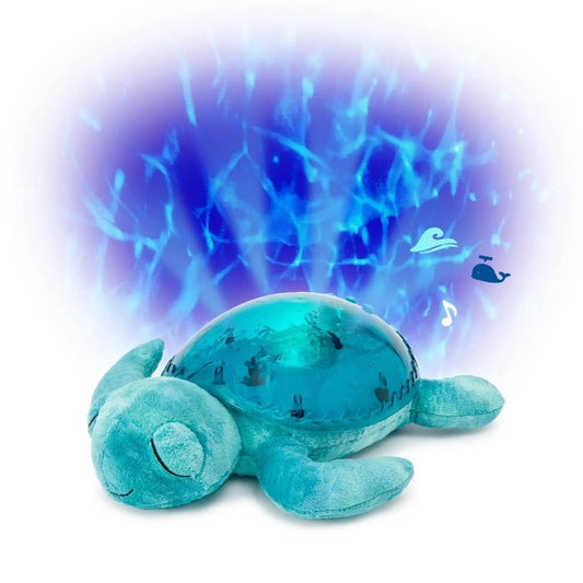 The Tranquil Turtle Aqua is a calming night light that projects ocean waves onto the ceiling and plays soothing sounds.  Its soft glow and plush material make it a comforting companion for babies and young children at bedtime.