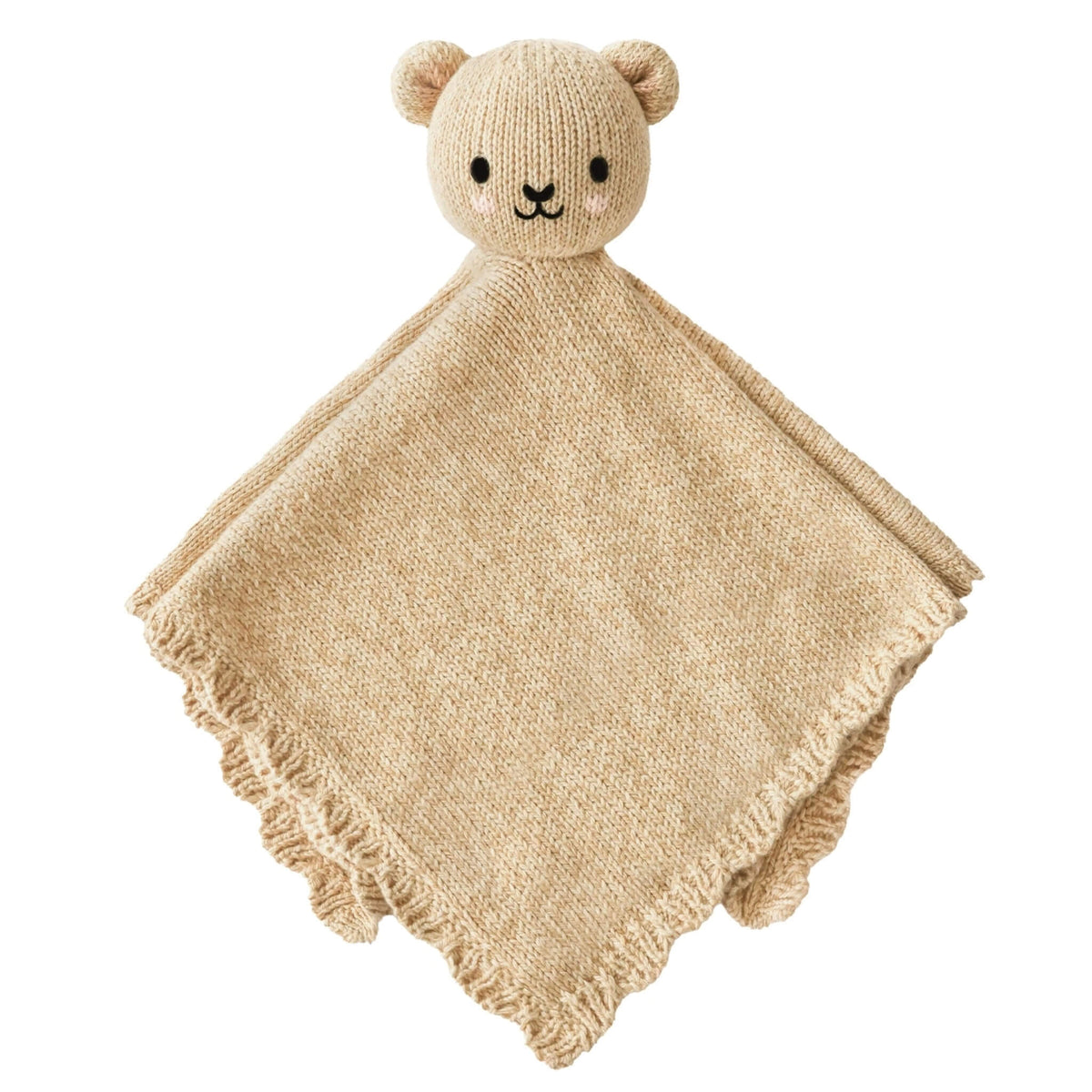 Cuddle+Kind Baby Bear Lovey in Honey, hand-knitted in soft beige organic cotton with an embroidered bear face and scalloped trim.