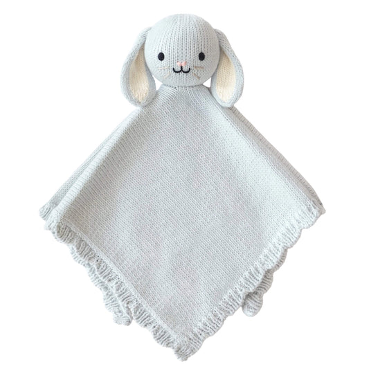 Cuddle+Kind Baby Bunny Lovey in Blue, hand-knitted in organic cotton with long floppy ears, embroidered face and scalloped trim.