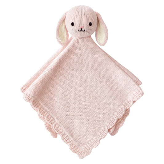 Cuddle+Kind Baby Bunny Lovey in Blush, hand-knitted in organic cotton with long floppy ears, embroidered face and scalloped trim.