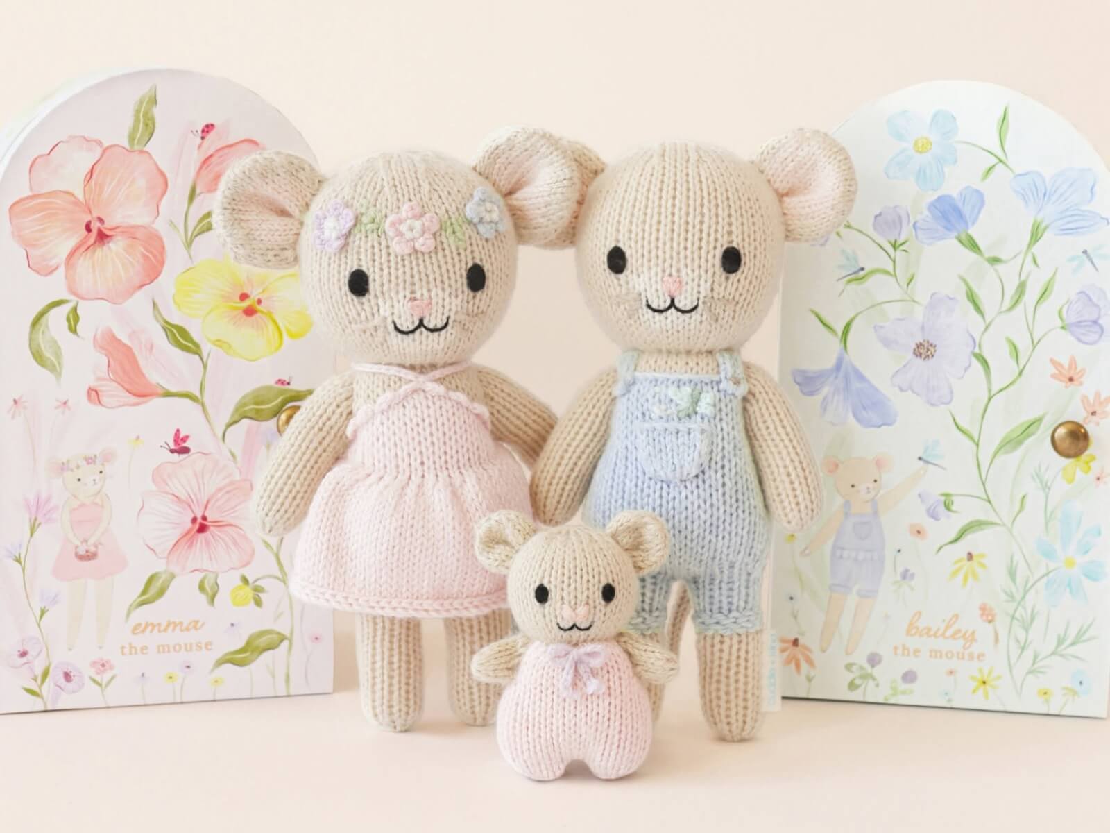 Cuddle + Kind hand-knit mouse dolls with matching illustrated keepsake gift boxes from the Mouse Collection.