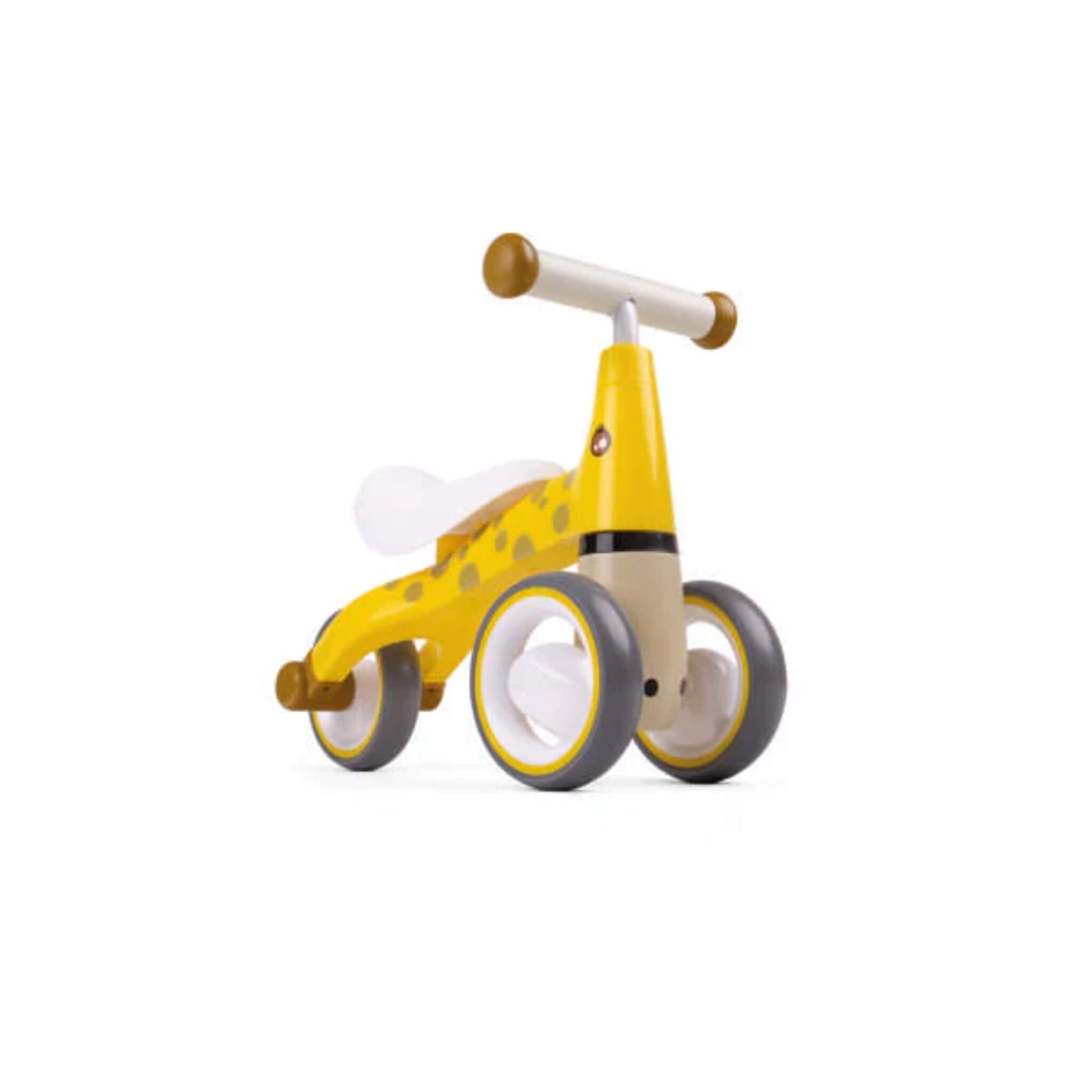 Rear view showing the giraffe-spotted frame, smooth grey wheels, and wide, stable base for confident toddler riding.