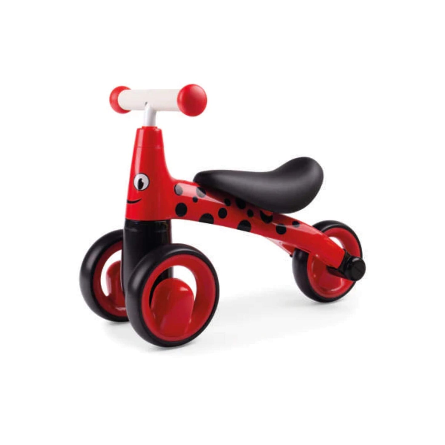 Didicar DidiTrike Ladybird design shown in side angle, featuring red and black ladybird spots, black saddle, and red handlebar grips.