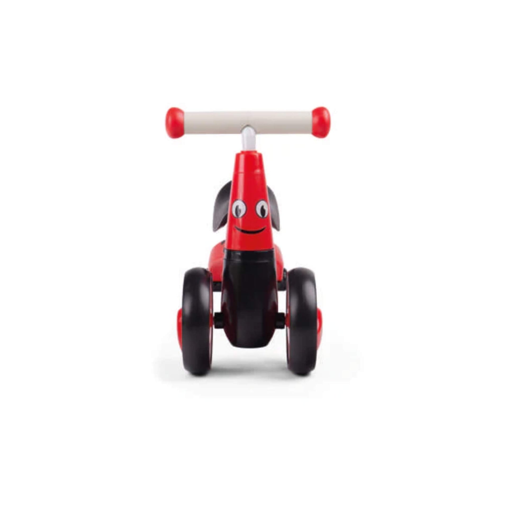 Straight-on image showing the friendly ladybird face with eyes and a smile on the red frame, plus wide black front wheels for stability.