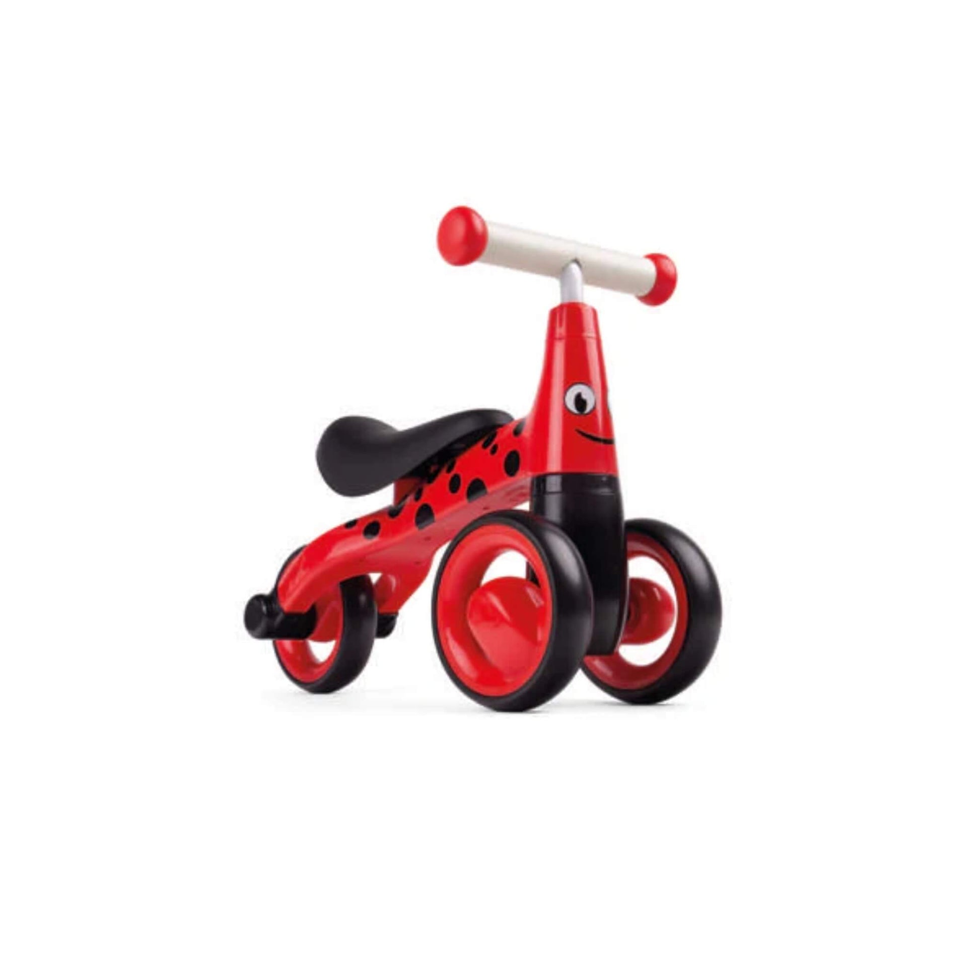 Side angle showing the curved black saddle, smooth red wheels, and playful ladybird detailing along the body.