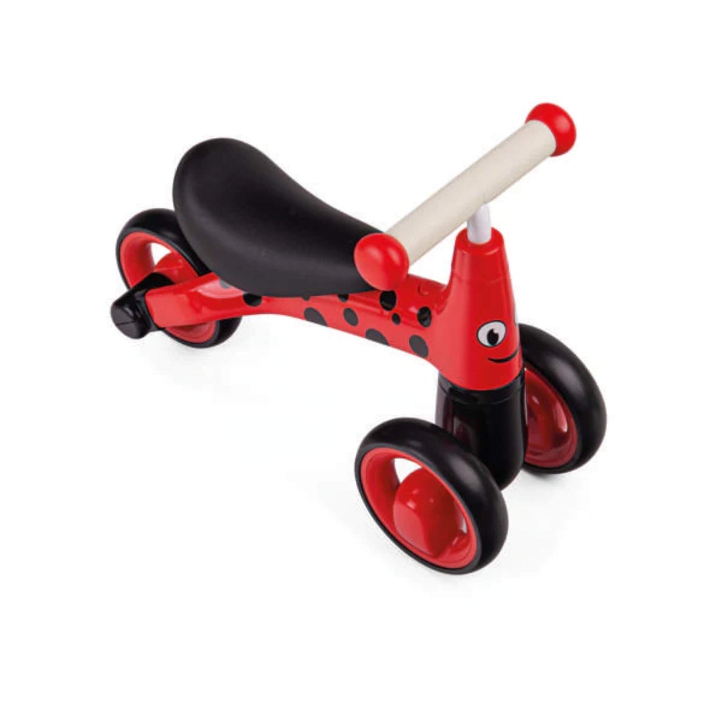 Overhead angle highlighting the wide black seat, red-and-black wheels, and whimsical ladybird design with soft grip handlebars.