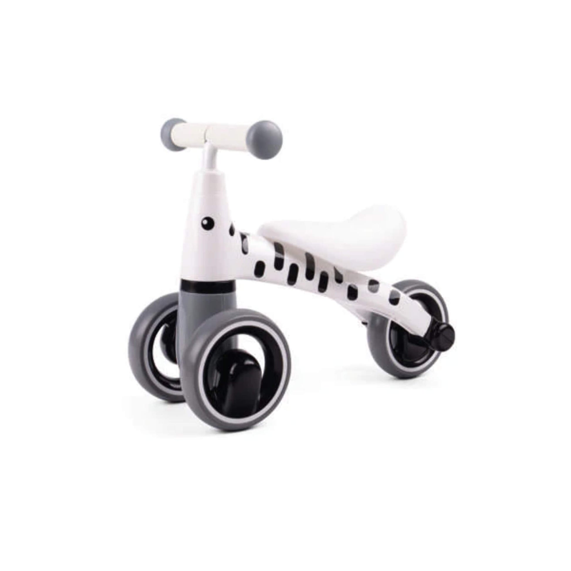 Didicar DidiTrike Zebra design shown from a front angle, featuring black-and-white zebra print, grey wheels, and a smooth white saddle.