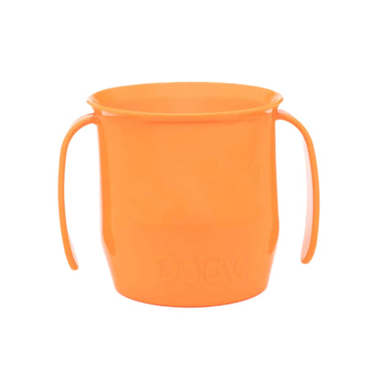 Orange Doidy Cup shown front-on with easy-grip handles. Designed for babies learning to drink from an open cup.