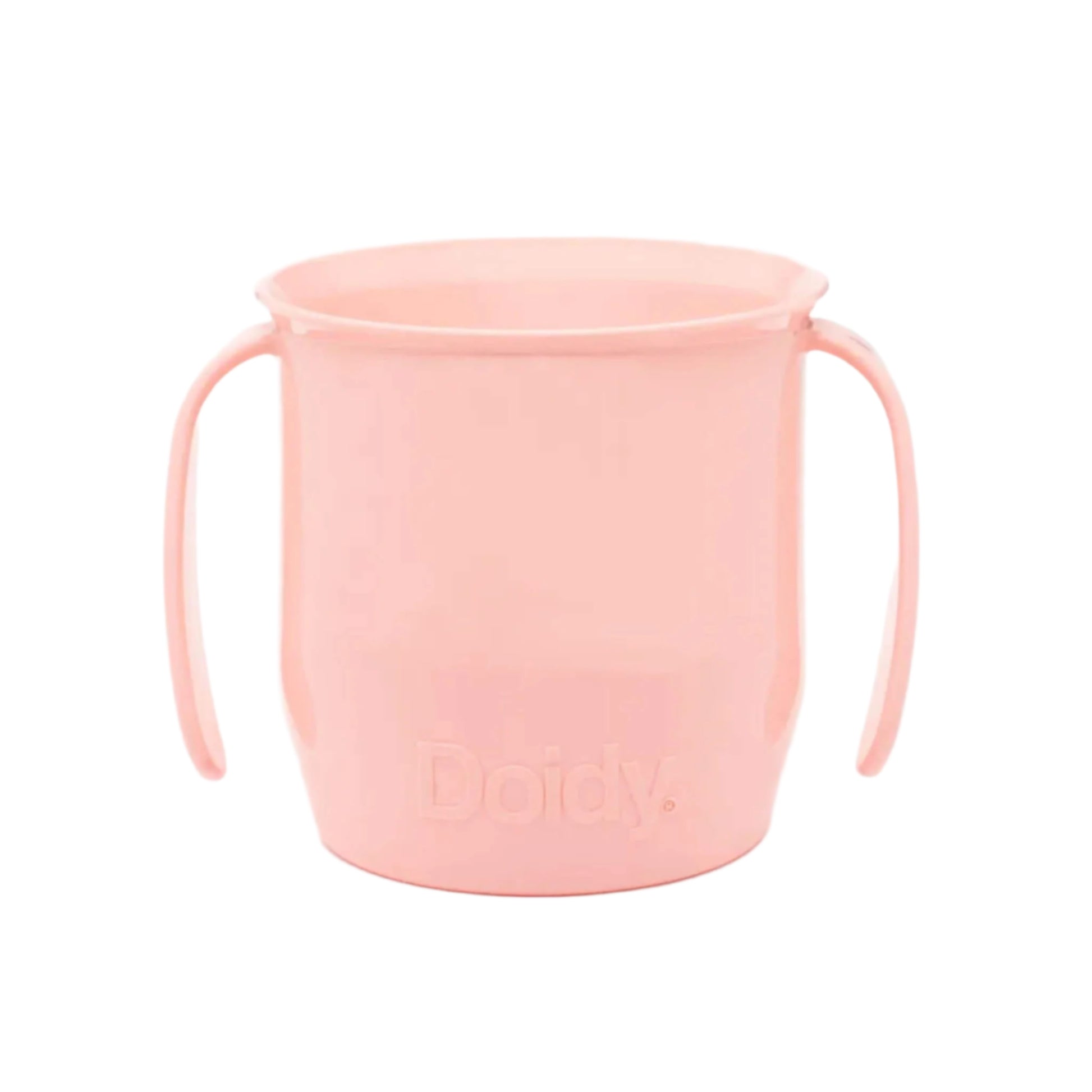 Pink Doidy Cup shown front-on with easy-grip handles. Designed for babies learning to drink from an open cup.