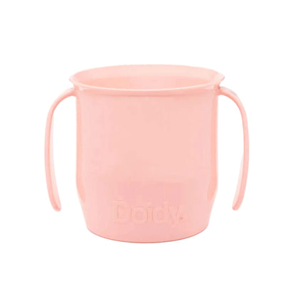 Pink Doidy Cup shown front-on with easy-grip handles. Designed for babies learning to drink from an open cup.