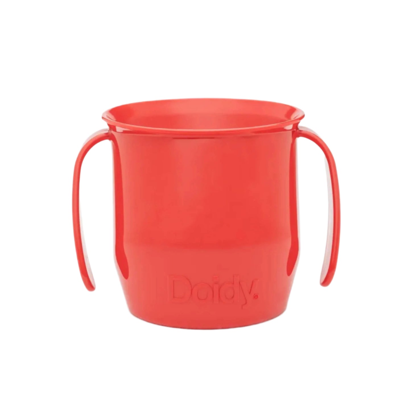Red Doidy Cup shown front-on with easy-grip handles. Designed for babies learning to drink from an open cup.