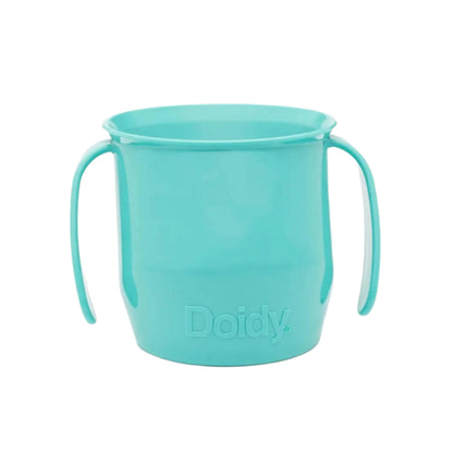 Turquoise Doidy Cup shown front-on with easy-grip handles. Designed for babies learning to drink from an open cup.