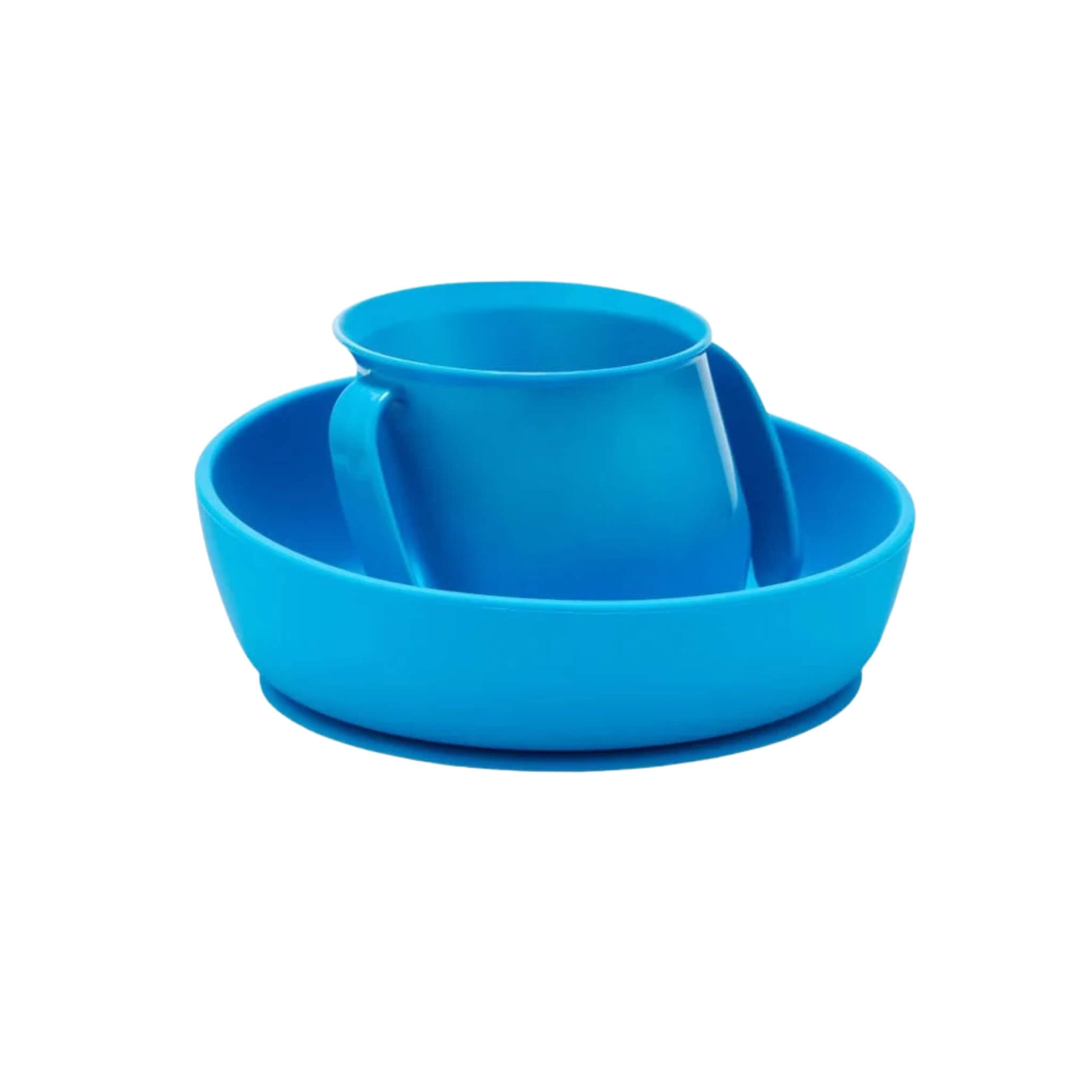 A blue Doidy Cup and Bowl displayed together as a set, featuring the brand’s signature slanted designs to support independent feeding and reduce spills for babies and toddlers.