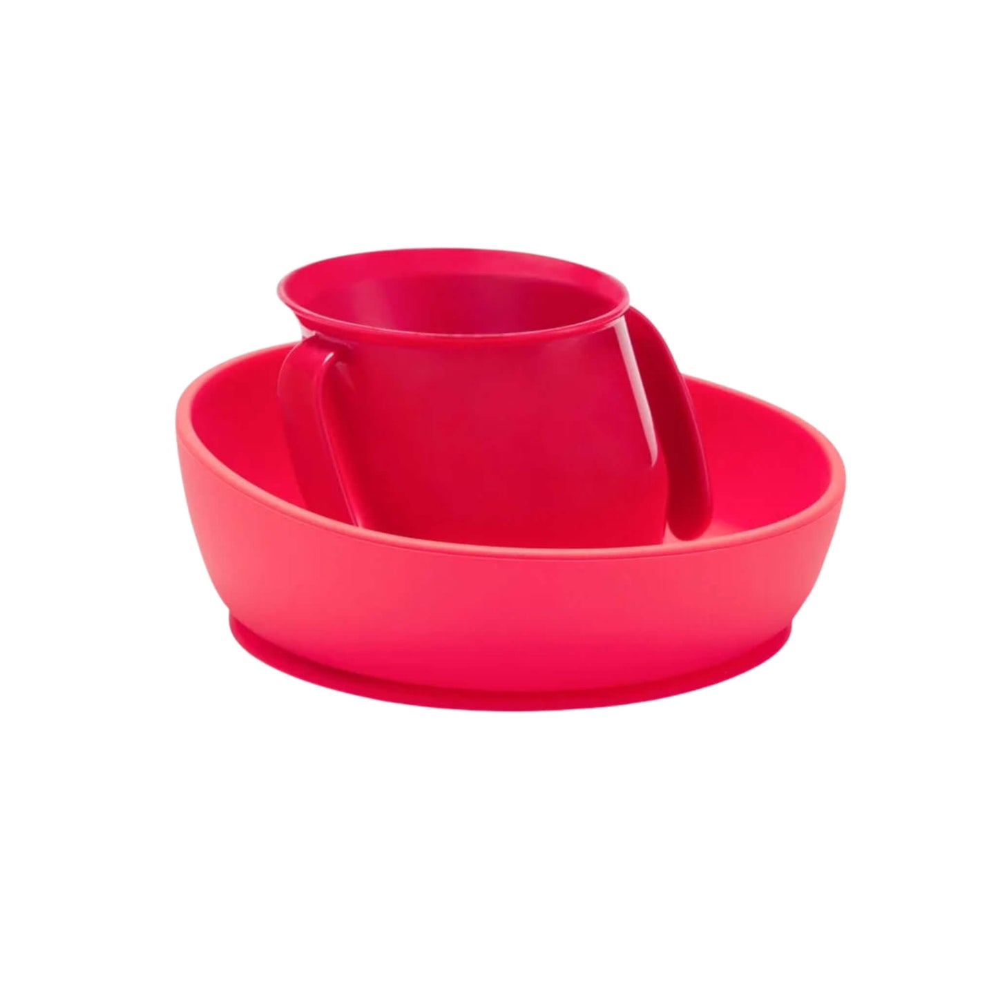 A red Doidy Cup and Bowl displayed together as a set, featuring the brand’s signature slanted designs to support independent feeding and reduce spills for babies and toddlers.