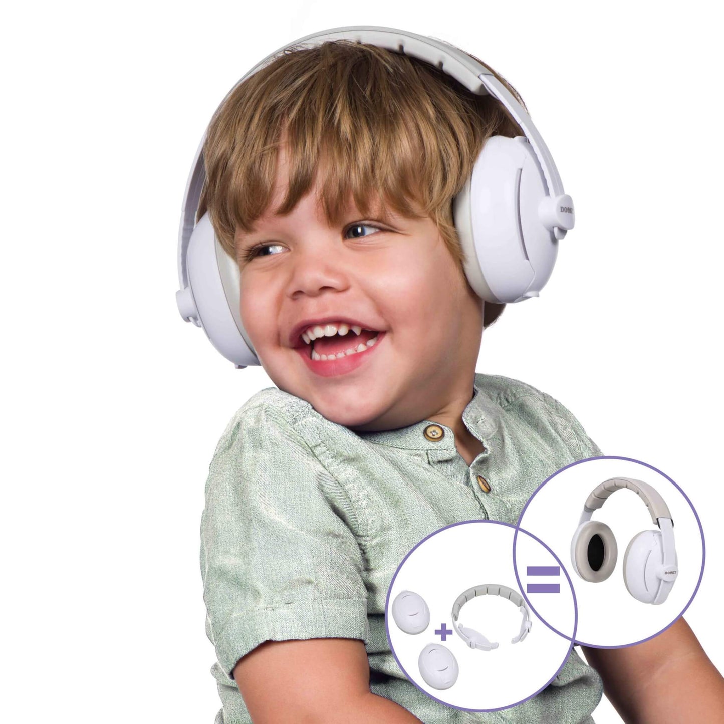 A toddler wearing the assembled ear defenders with padded plastic headband and white ear cups, smiling with a circular diagram showing components below.