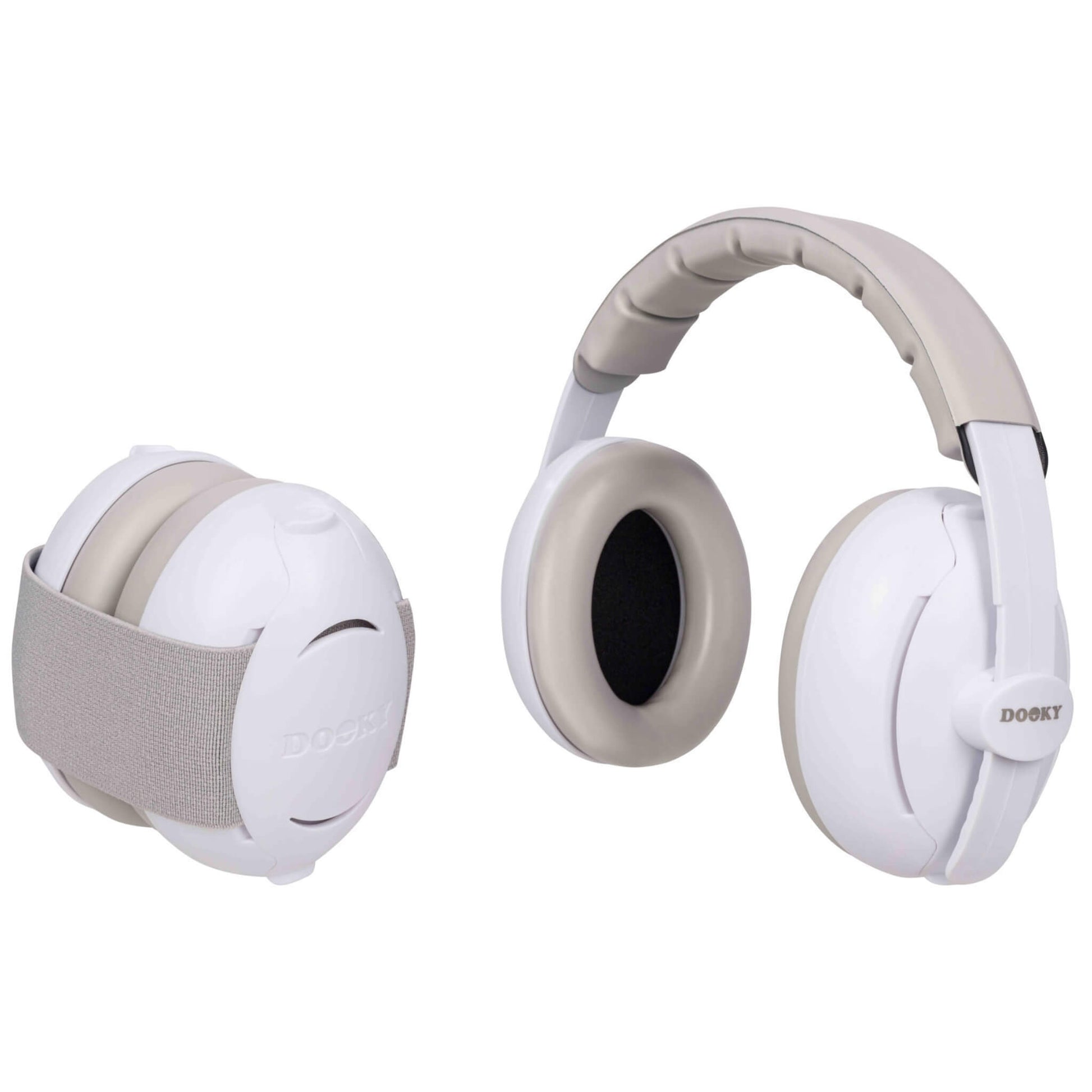 A pair of white noise-reducing ear defenders, one folded with a grey fabric band for babies and the other open with a padded plastic headband for toddlers.
