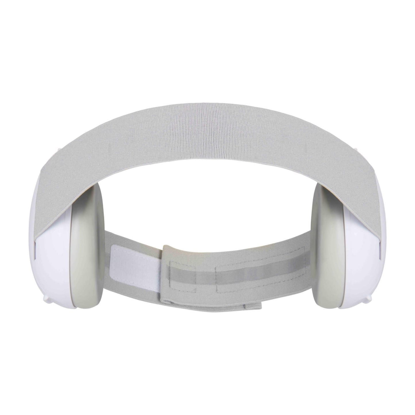 A front-facing view of baby ear defenders fully assembled with a stretchy grey headband and two white ear covers.