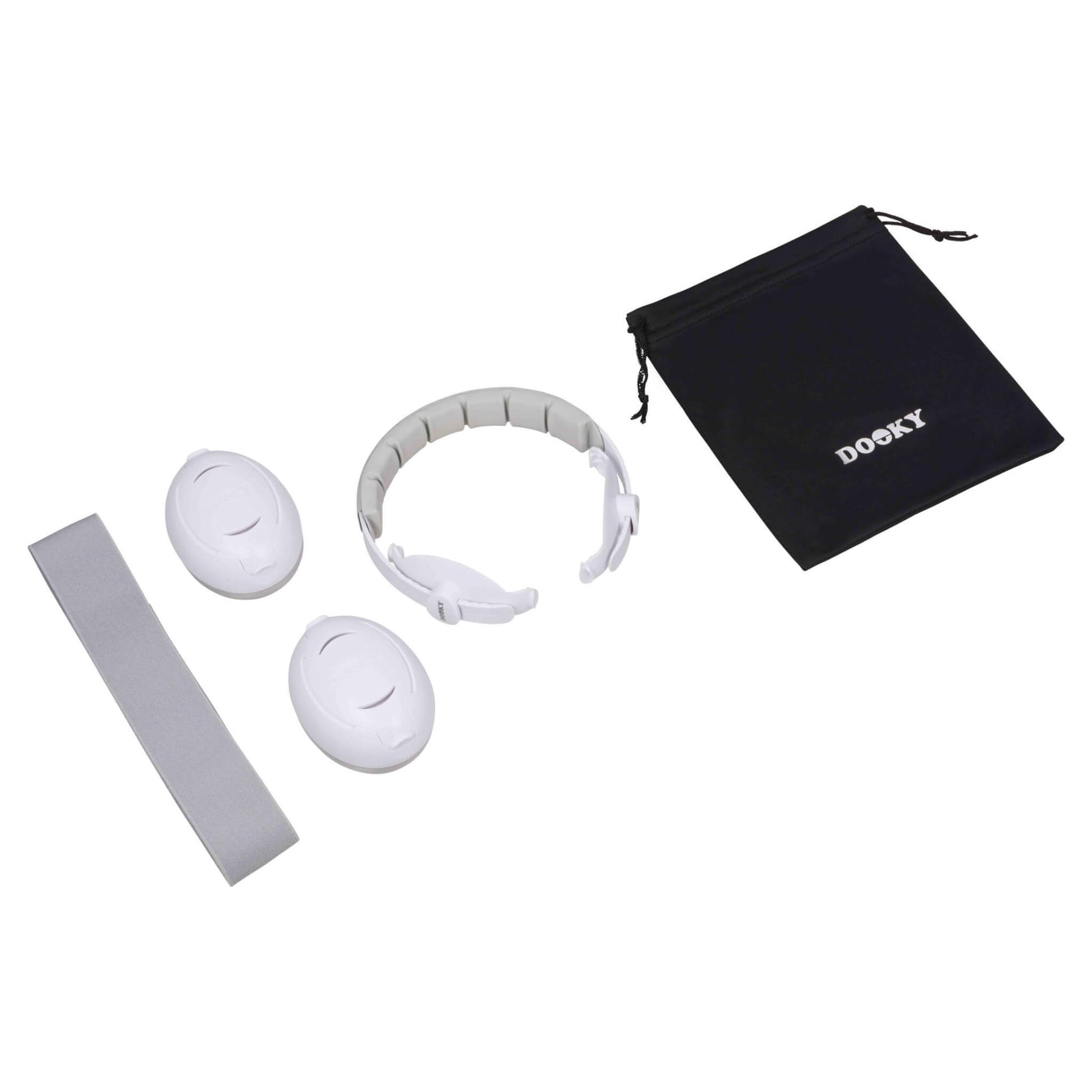 An unboxed set laid out with components including two white ear covers, a grey elastic headband, an adjustable toddler headband, and a black Dooky-branded pouch.