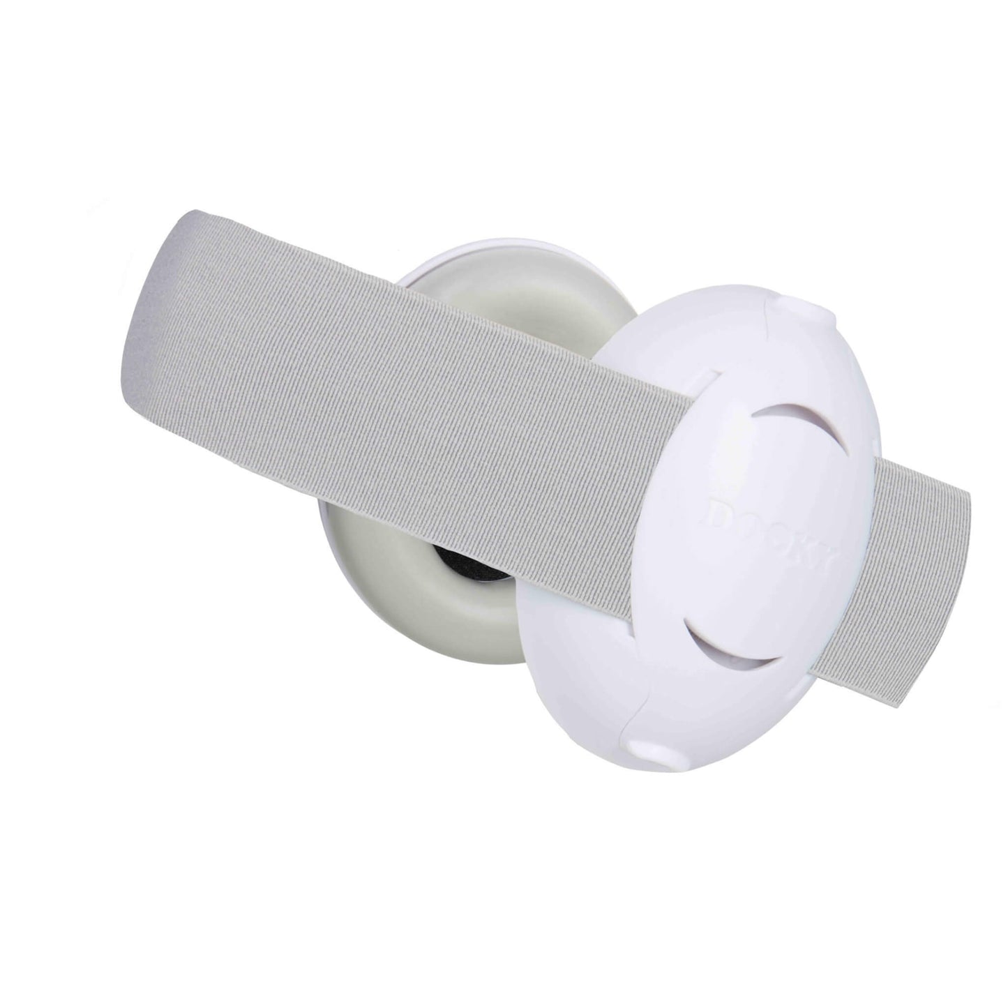 A close-up of assembled baby ear defenders with white ear covers and a grey elastic strap wrapped securely around both cups.