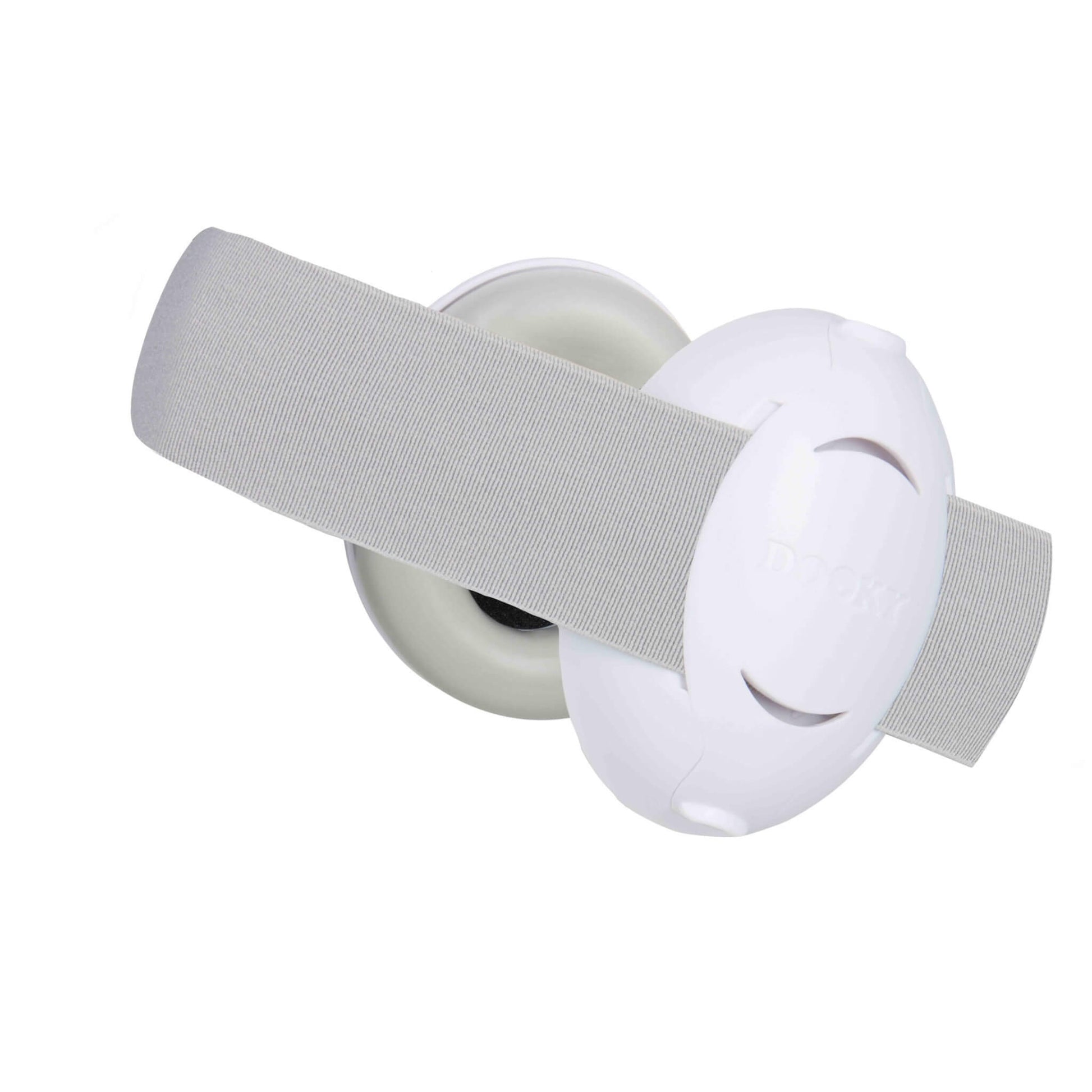 A close-up of assembled baby ear defenders with white ear covers and a grey elastic strap wrapped securely around both cups.