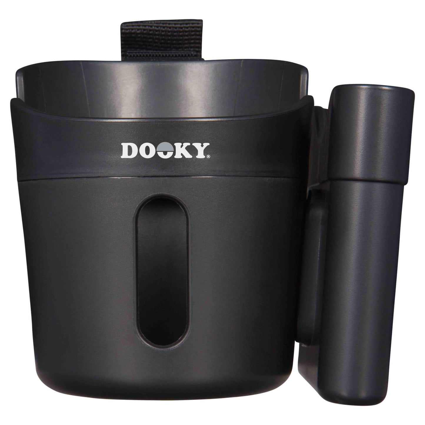 The Dooky 2-in-1 Cup and Phone Holder in black, designed to attach to a stroller handlebar, with separate sections for a drink and a mobile phone.