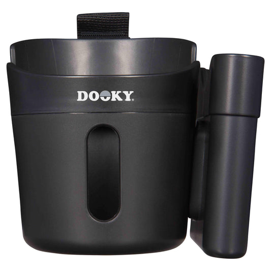 The Dooky 2-in-1 Cup and Phone Holder in black, designed to attach to a stroller handlebar, with separate sections for a drink and a mobile phone.