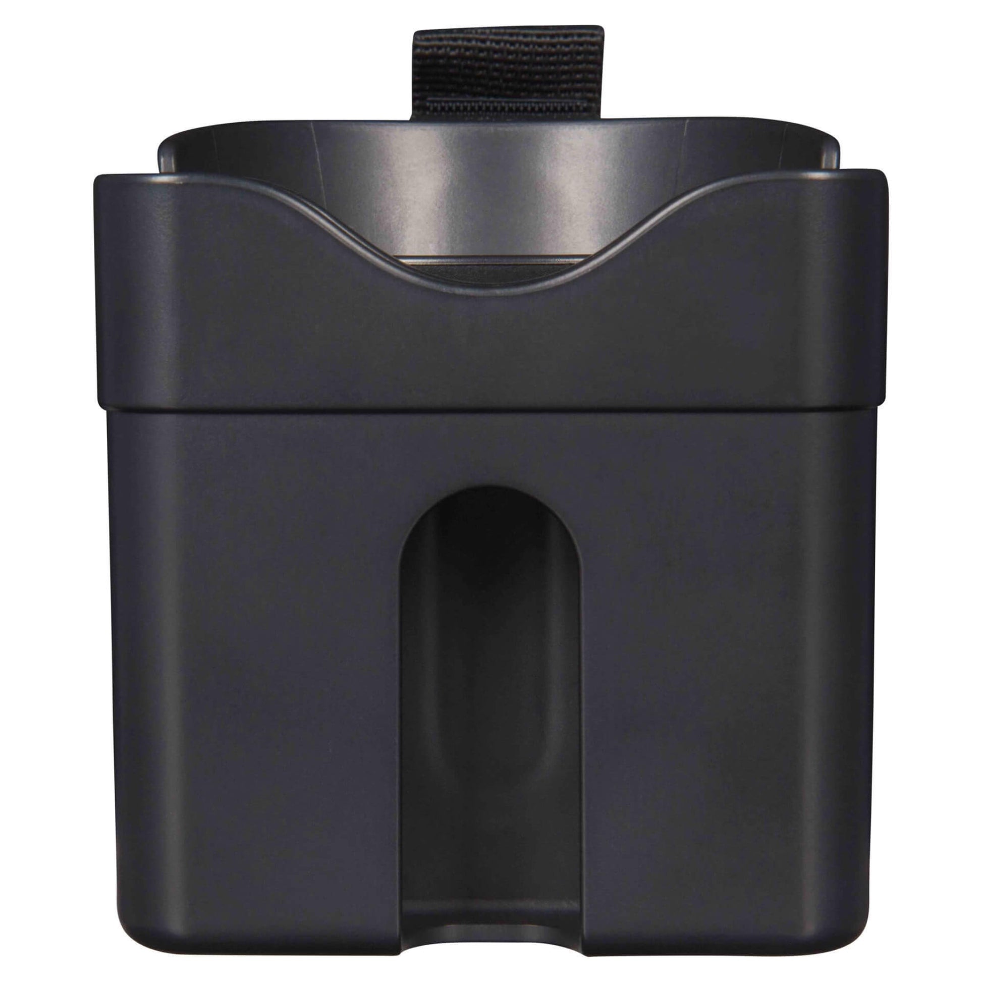 Black stroller cup holder viewed from the side, showing rounded edges and attachment strap.