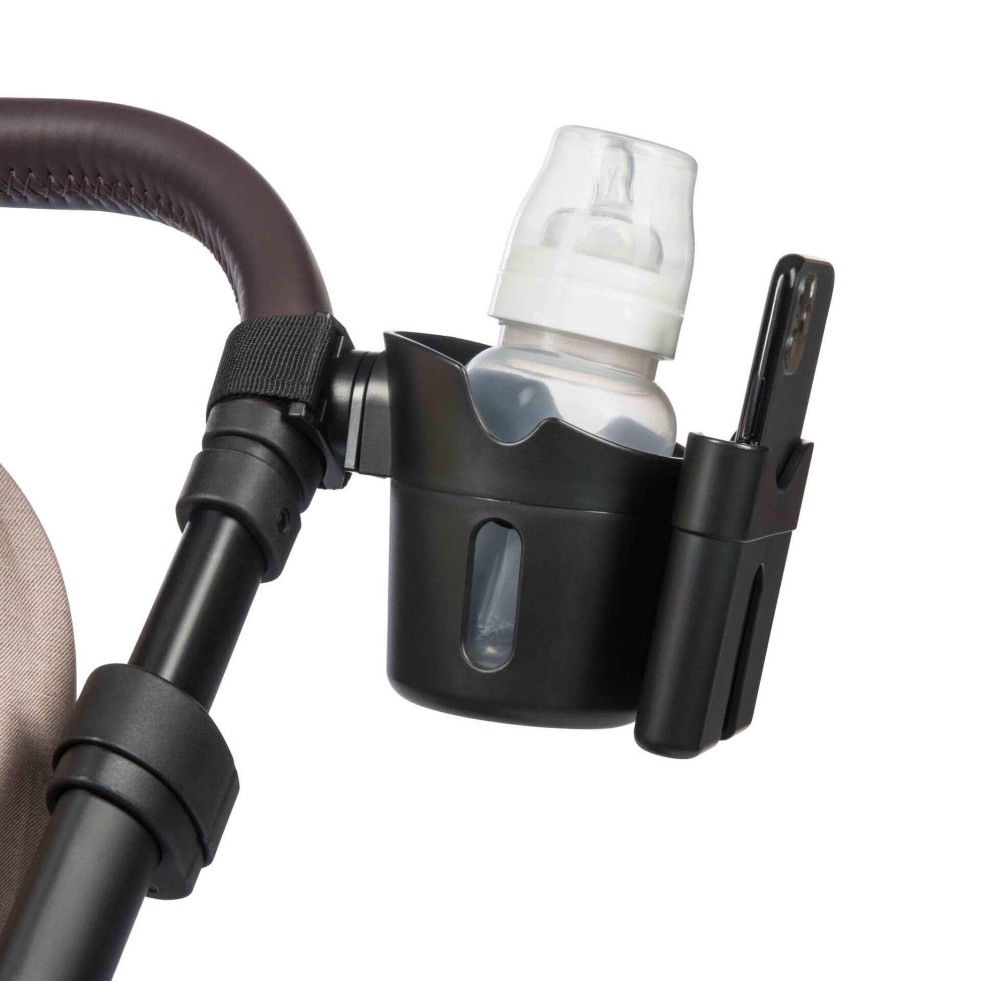 Black stroller cup and phone holder attached to a pushchair handlebar, holding a baby bottle and a smartphone.