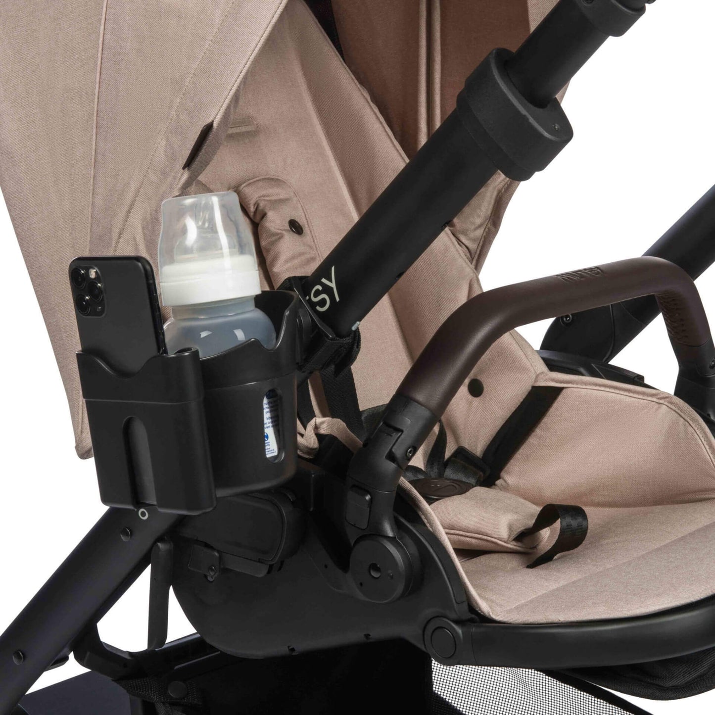 Close-up of black stroller cup and phone holder fitted to a pushchair handlebar, holding a baby bottle and a smartphone.
