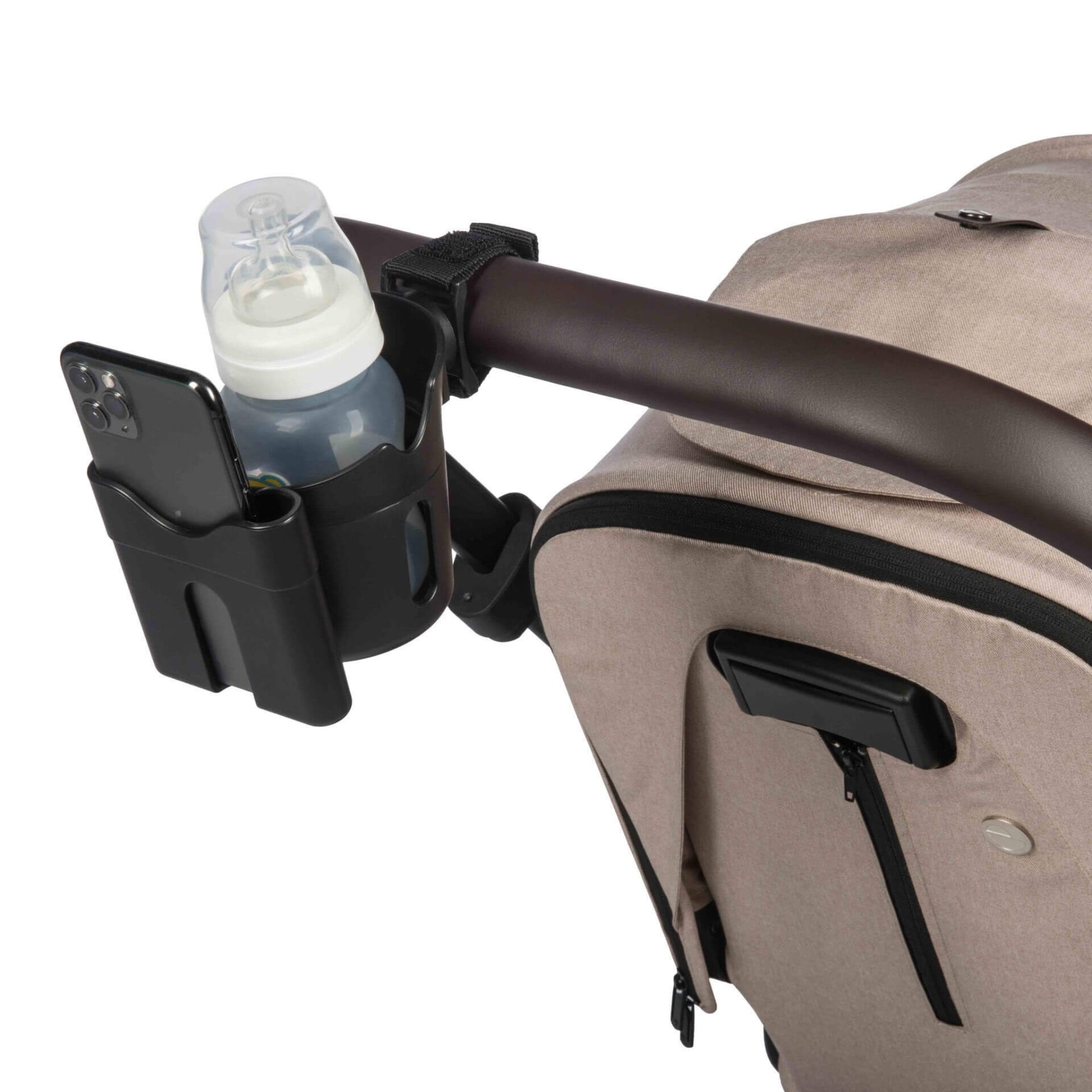 Black stroller cup and phone holder fitted to a pushchair handlebar from a rear angle, holding a baby bottle and smartphone.