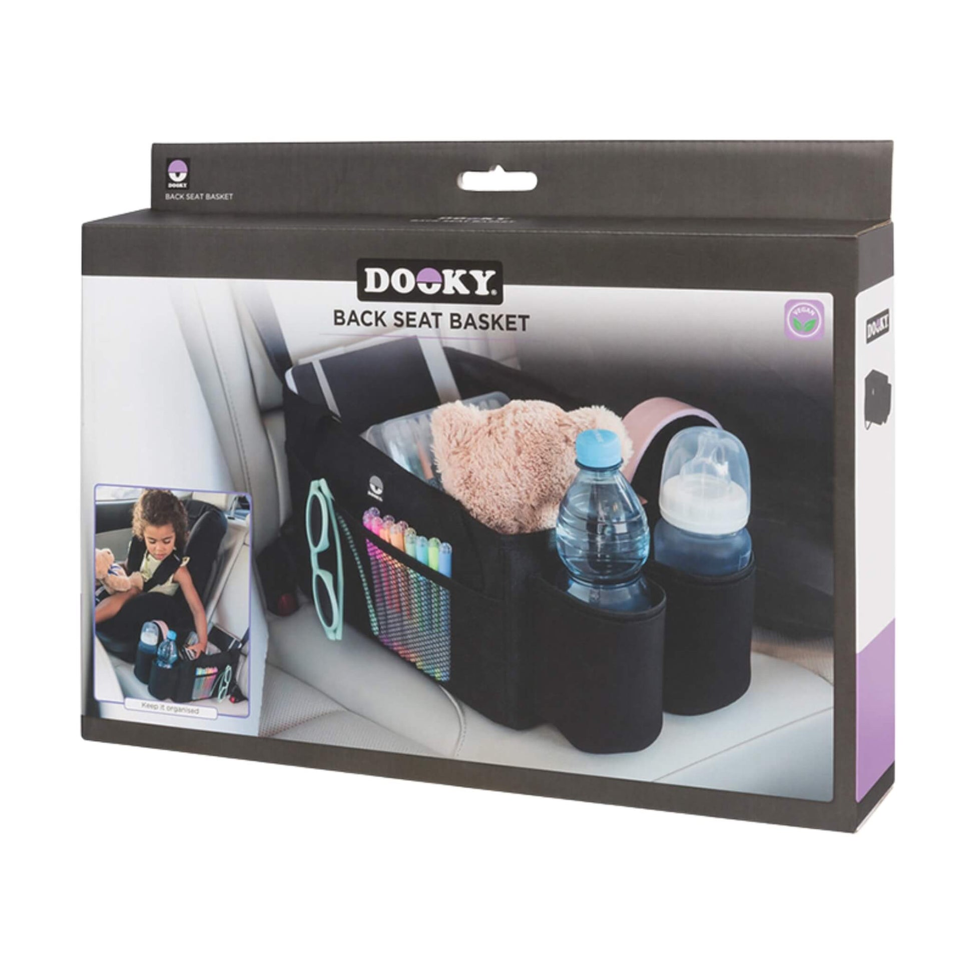 Retail packaging for a black car seat basket showing product image, brand name, and example of basket filled with drinks and toys.