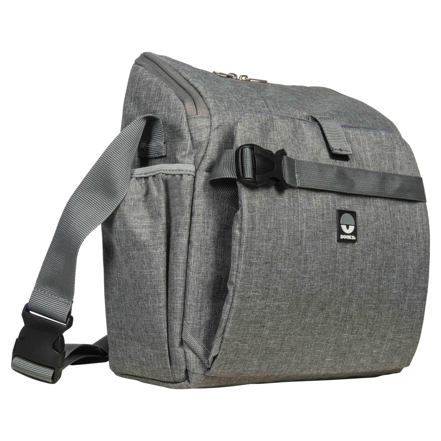 Dooky Booster Seat in grey, shown closed with adjustable straps and carry handle.