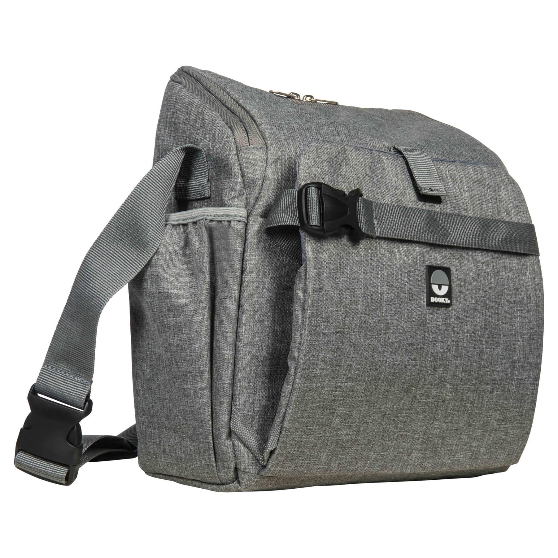Dooky Booster Seat in grey, shown closed with adjustable straps and carry handle.