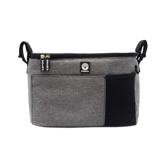 The Dooky Buggy Organiser Deluxe in grey, with zip closure, mesh side pocket, and front slip pocket, designed to attach to a pushchair handlebar.
