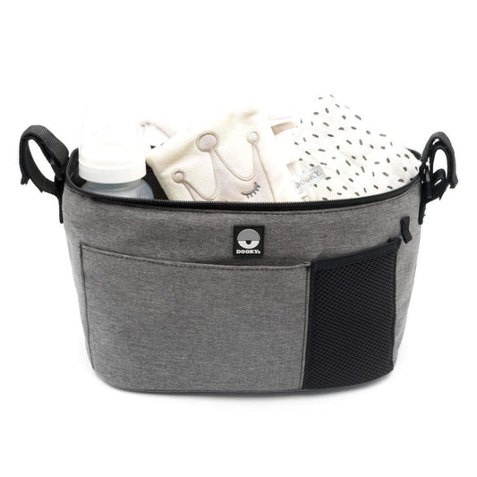 Grey buggy organiser shown open, holding a baby bottle, soft toy, and folded blanket.