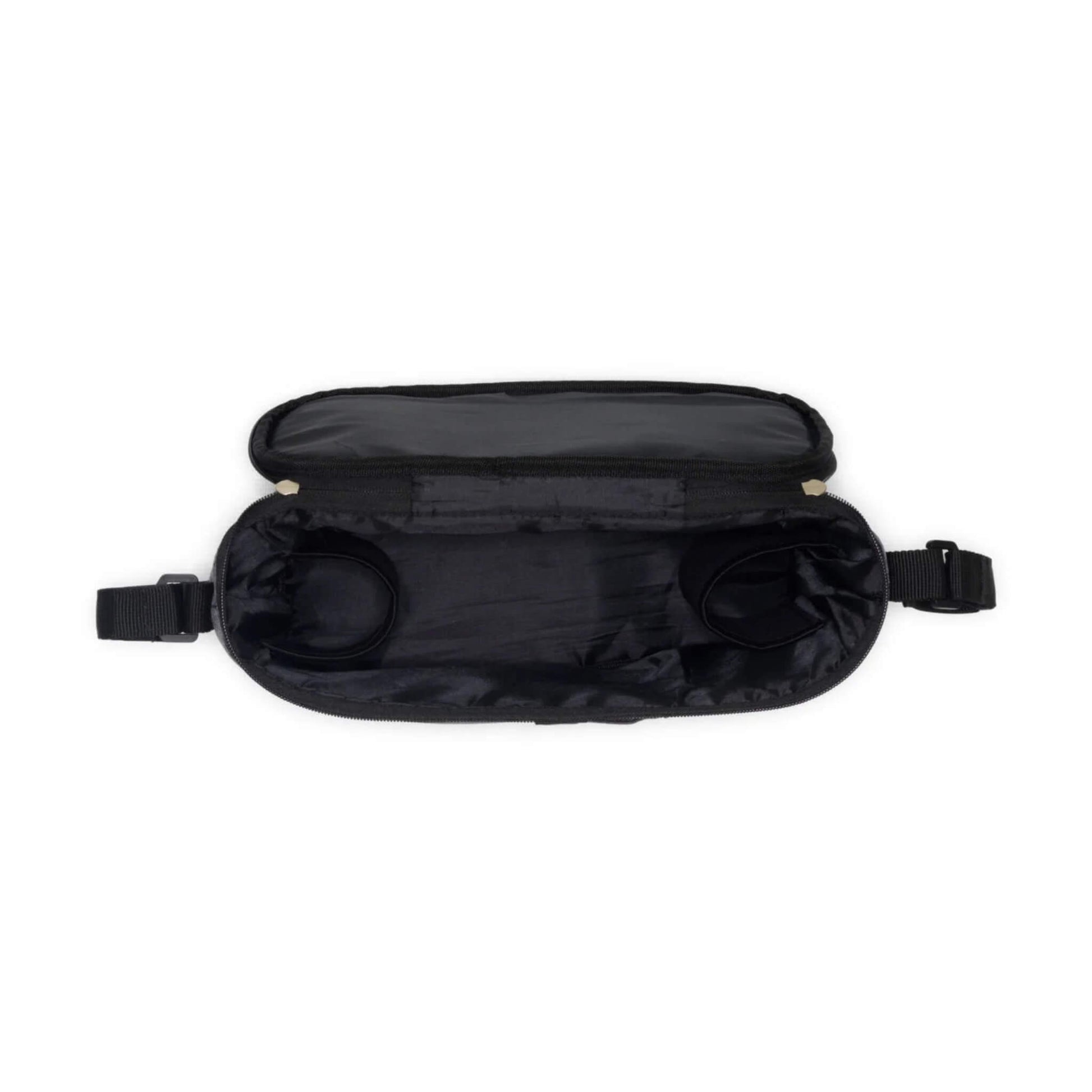 Top-down view of an open grey buggy organiser showing two built-in cup holders inside.