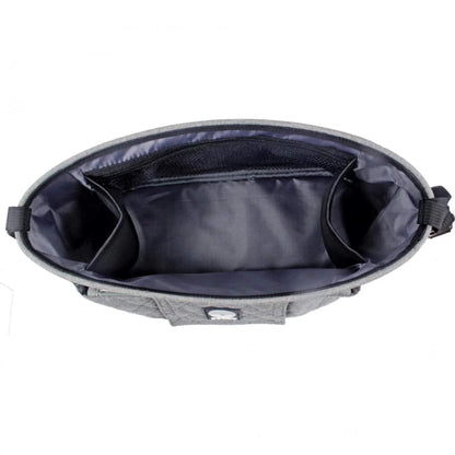Top view of an empty grey buggy organiser showing spacious interior with side compartments and mesh pocket.