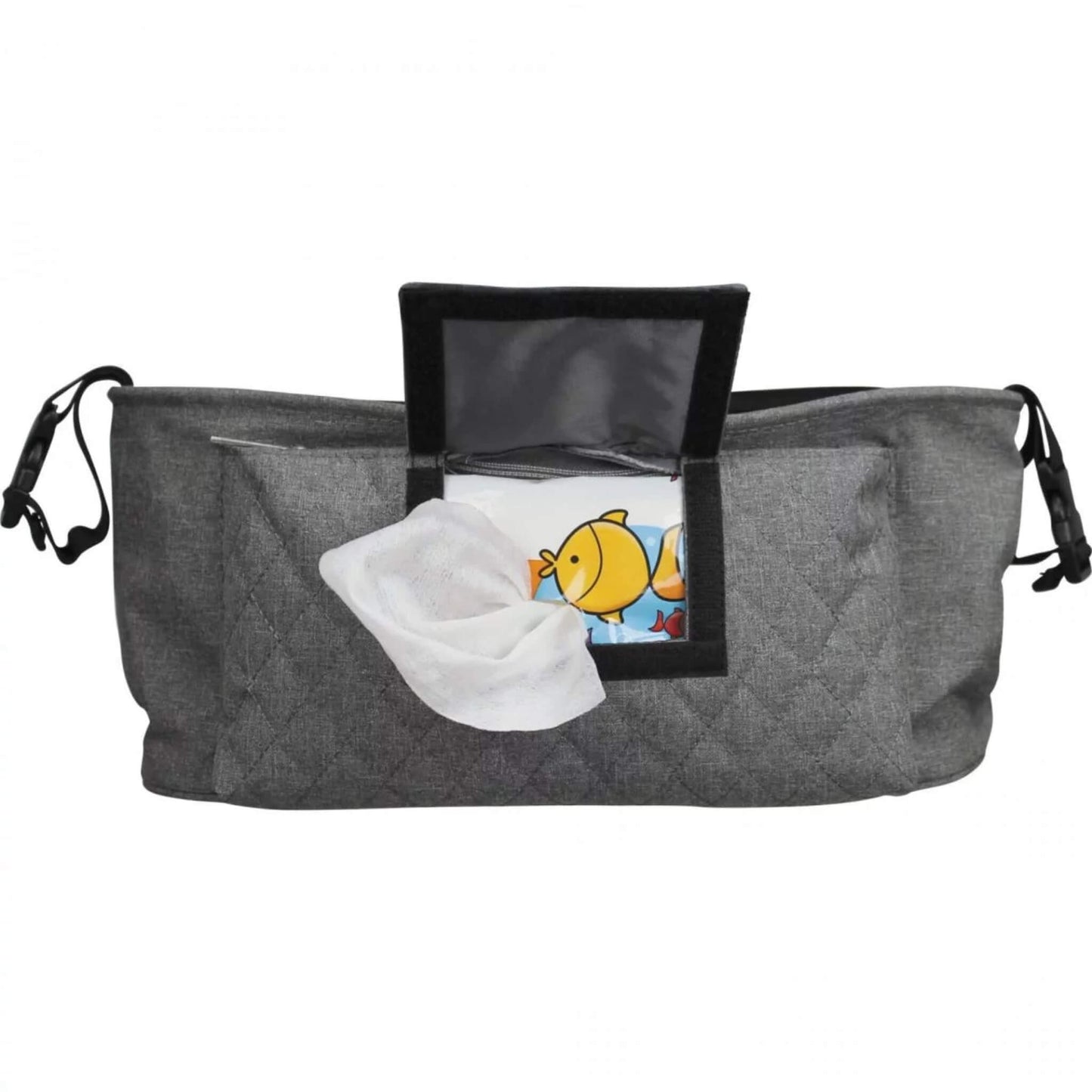 Grey buggy organiser with front flap lifted to reveal an opening for dispensing baby wipes from an internal pack.