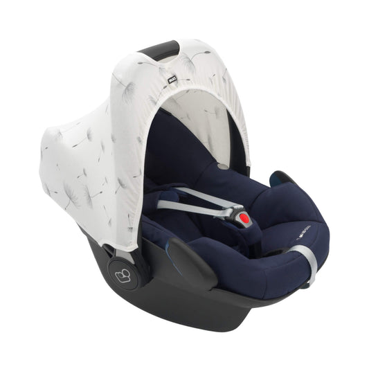 A Dooky Car Seat Hoody in dandelion print fitted to a navy infant car seat, creating shade and UV protection while adding a fresh new look.