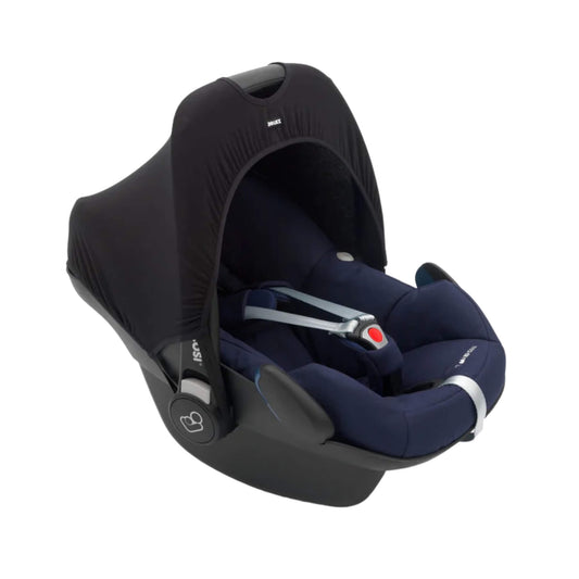 A Dooky Car Seat Hoody in black fitted to a navy infant car seat, creating shade and UV protection while adding a fresh new look.