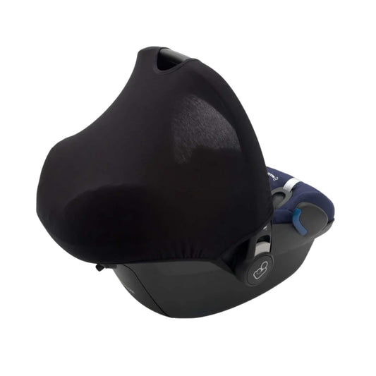 A black fabric car seat hoody fully extended over an infant car seat, covering the seat for shade and privacy.