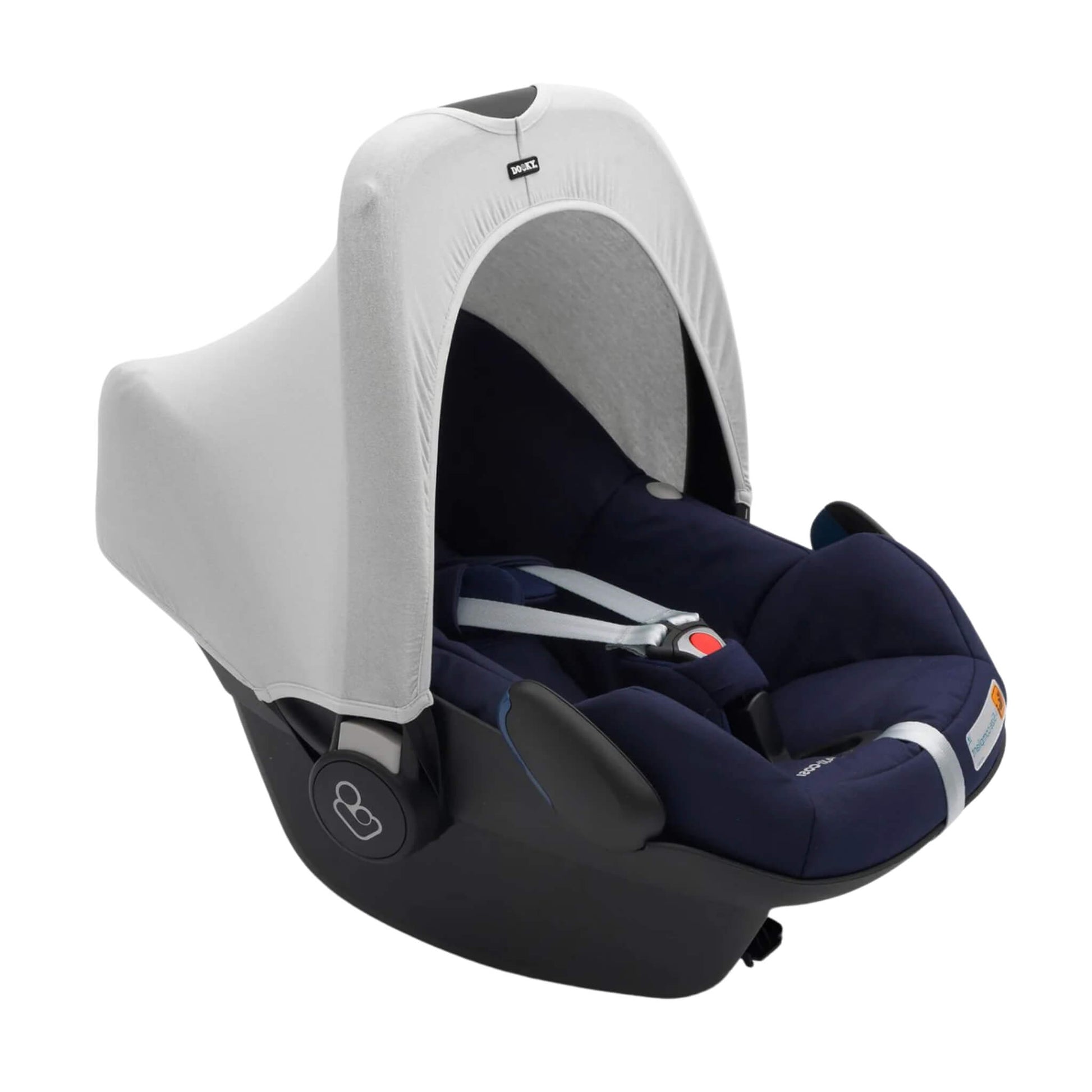 A Dooky Car Seat Hoody in grey fitted to a navy infant car seat, creating shade and UV protection while adding a fresh new look.