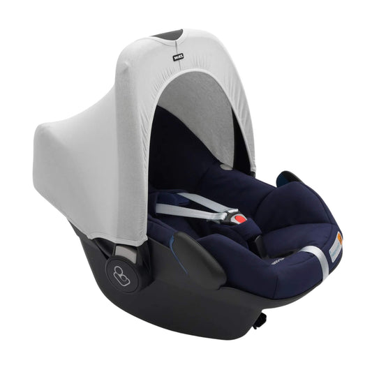 A Dooky Car Seat Hoody in grey fitted to a navy infant car seat, creating shade and UV protection while adding a fresh new look.