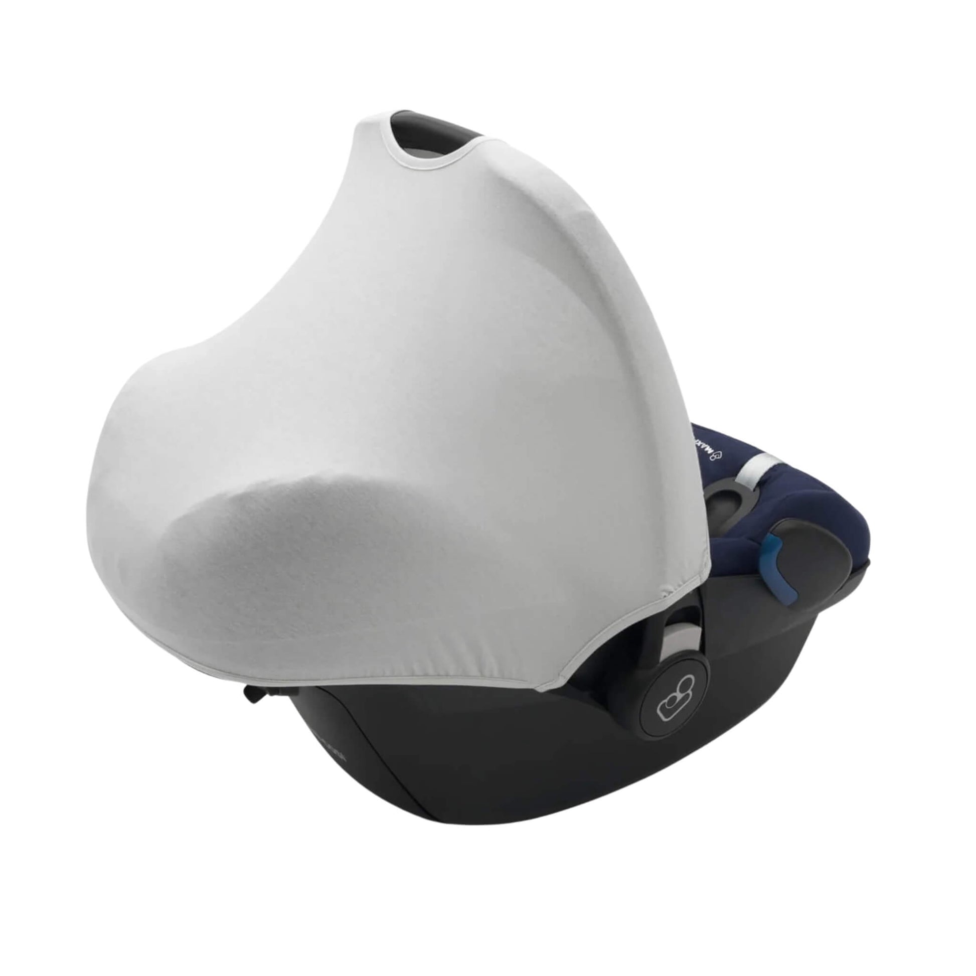 A grey fabric car seat hoody fully extended over an infant car seat, covering the seat for shade and privacy.