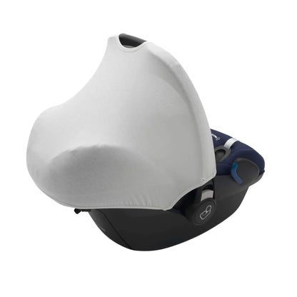 A grey fabric car seat hoody fully extended over an infant car seat, covering the seat for shade and privacy.