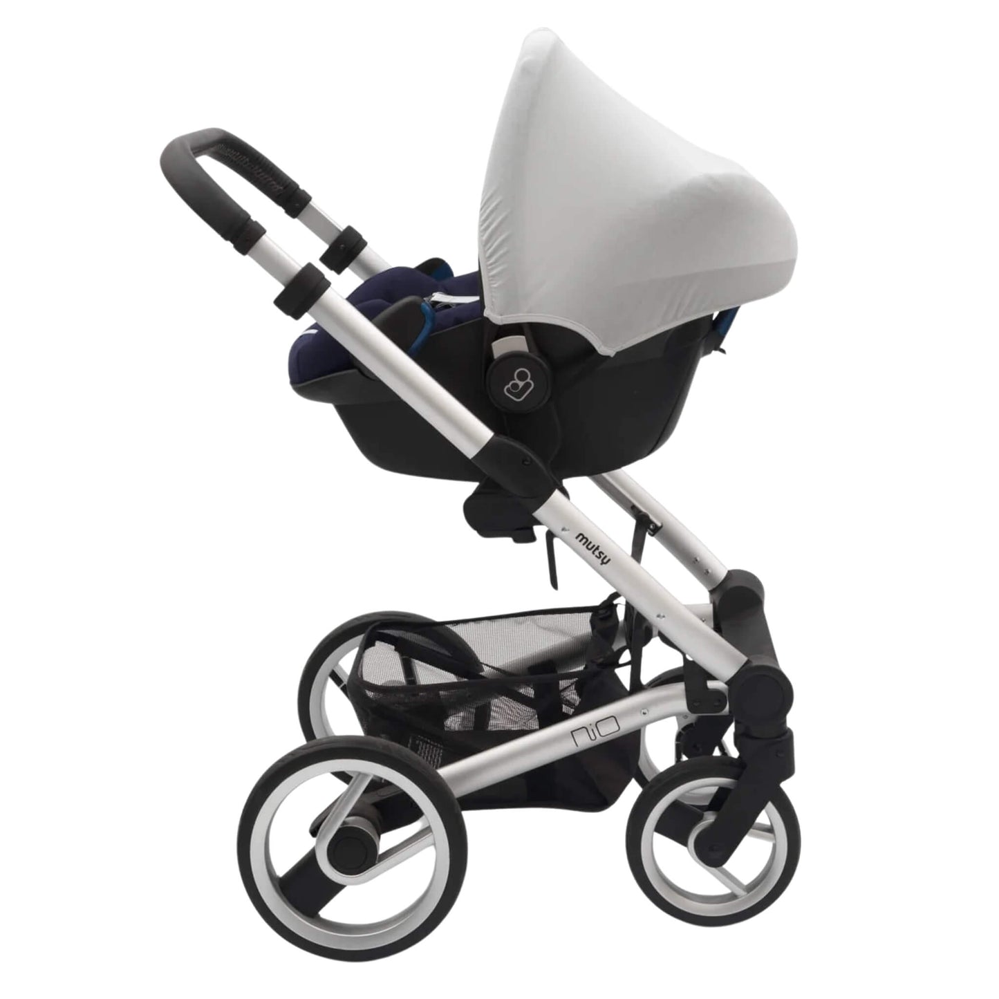 A grey car seat hoody attached to an infant car seat placed on a silver pushchair frame, showing how it fits with a travel system.