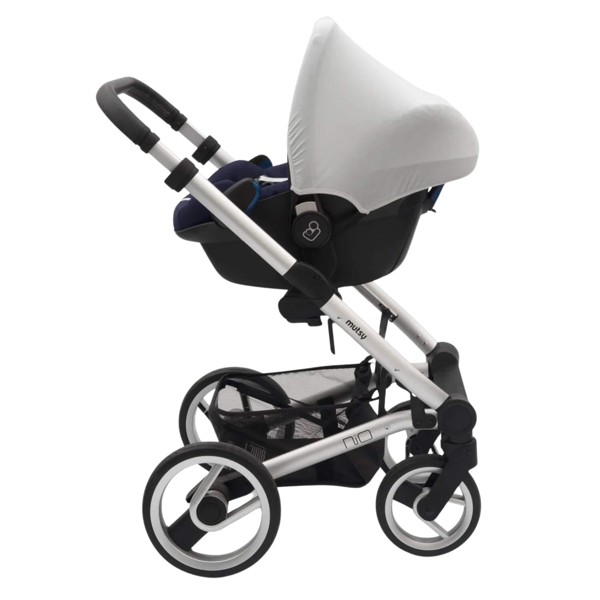 A grey car seat hoody attached to an infant car seat placed on a silver pushchair frame, showing how it fits with a travel system.